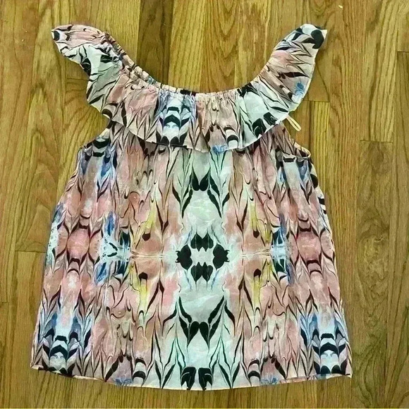 J Crew Women’s Blouse Size M Pink Black Cotton Silk Ruffle Neckline Flowy Boho - Picture 7 of 10